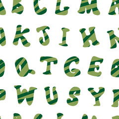 Alphabet seamless pattern. Hand drawn alphabet letters. Cartoon green color font design, colorful childish alphabet, letters vector illustration on white.