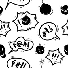 Swear angry doodle seamless pattern. Sketch hand drawn speech bubble with swear words symbols. Comic speech bubble with curses, lightning. Angry screaming face emoji. Vector illustration on white.