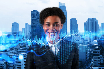 Successful smiling attractive black woman trader suggesting a new strategy of investment in stocks to grow client income. Woman in business concept. Forex chart. Bangkok. Double exposure.