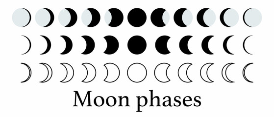 Moon phase and astronomy. Space and the science of nature and the moonlit night. The sky and the symbol are full and crescent. Moonlight and black space. Vector