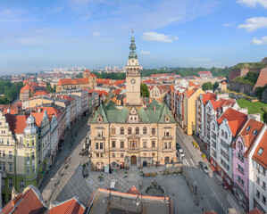 Naklejka na ściany i meble Klodzko, Poland. Aerial view of historic Town Hall located on Market square