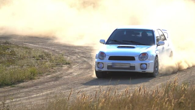 Sharp Turn in a Car Rally. Slow Motion