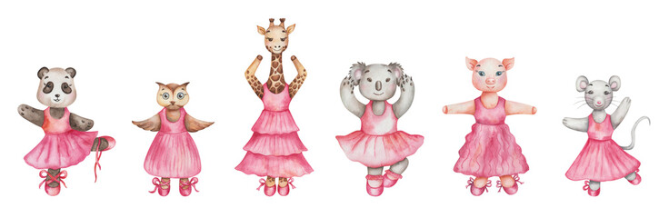 Watercolor illustration of hand painted panda bear, owl bird, giraffe, koala, pig, mouse girls in dance studio in pink dress and ballet shoes. Cartoon animals. Isolated clip art for prints, posters © Olga Sidelnikova