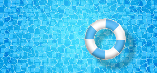 3D Swim ring on the blue water background. Realistic swiming circle. Top view summer time symbol on ocean, sea, pool background. Vector illustration