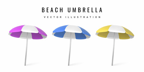 Realistic 3D beatch umbrella isolated on white background. Summertime object. Vector illustration