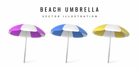 Obraz premium Realistic 3D beatch umbrella isolated on white background. Summertime object. Vector illustration