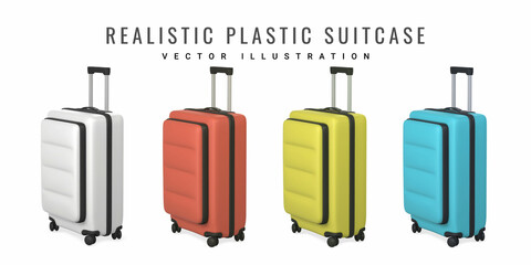 Set of 3D travel trolley bags. Realistic plastic suitcase. Tourism symbol isolated on white background. Vector illustration