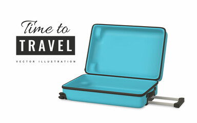 Time to travel promo banner design. 3D travel trolley bag. Realistic open plastic suitcase. Tourism symbol isolated on white background. Vector illustration