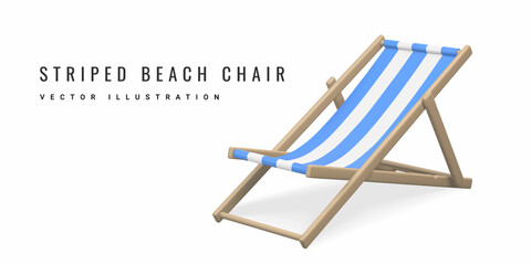Striped beach chair. Realistic 3D deck chair isolated on white background. Summertime object. Vector illustration