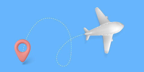 3D cartoon white plane with aircraft path. Realistic Jet Airplane on blue background. Summer travel. Vector illustration