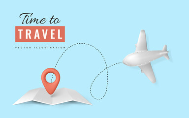 Time to travel promo banner design. 3D plane with pin location and map. Summer travel. Vector illustration