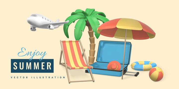 Enjoy summer promo banner design. Summer 3d realistic render vector objects. Tropical palm tree, sun umbrella, swim ring, beach chair, travel trolley bag and plane. Vector illustration