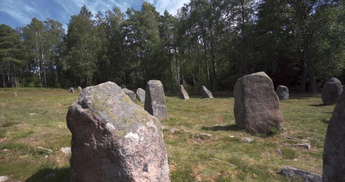 archaeological stone circles overview with largest number of petroglyphs from the Bronze Age, Hunnefelt, Østfold, Norway