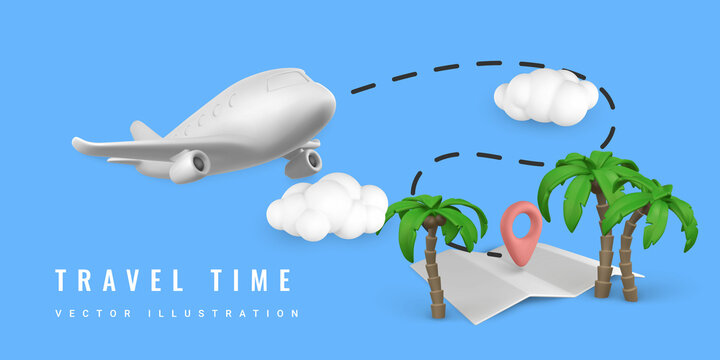 Travel time promo banner design. Summer 3d realistic render vector objects. Tropical palm tree, plane, pin point marker on map. Vector illustration
