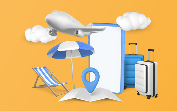Time to travel promo banner design. Summer 3d realistic render vector objects. Mobile phone, travel trolley bag, sun umbrella, beach chair and plane. Summer travel. Vector illustration