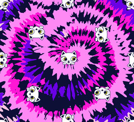 Tie dye pink spiral circle seamless pattern with white kittens heads vector illustration.