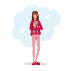 Cute woman with cat in her hands. Flat vector illustration with animals