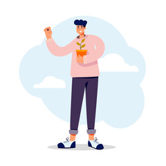 Garden work, man with seed in his hand and plant in another. Cute flat vector illustration