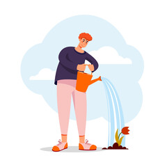 Garden work, man watering the flower. Cute flat vector illustration