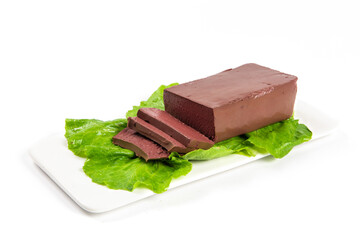 slice of coagulated duck blood isolated on white background