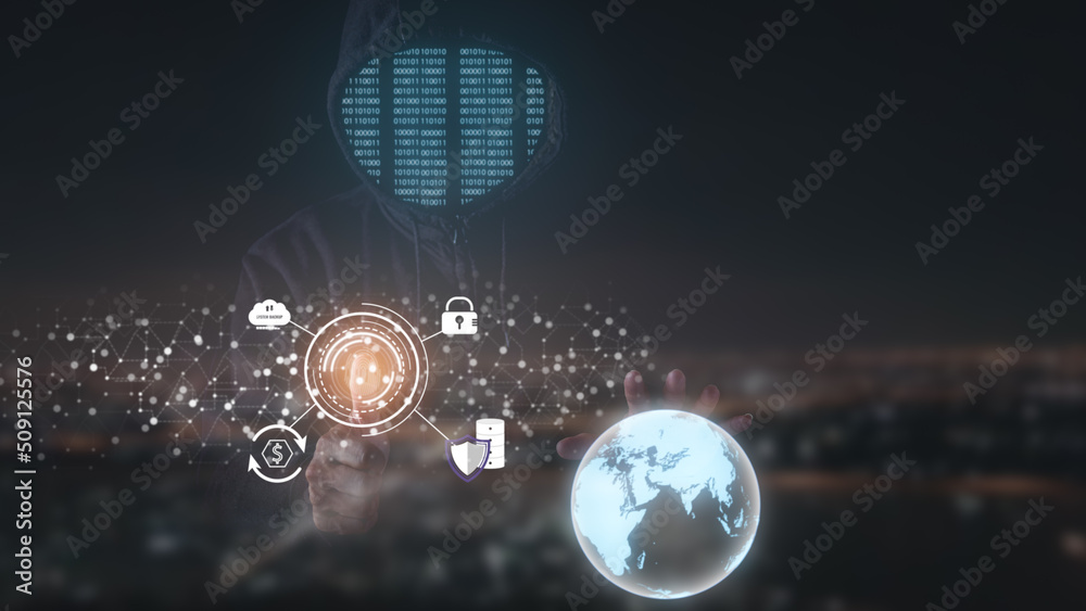 Wall mural hacker in information security concept , hackers are scanning fingerprints to destroy the system