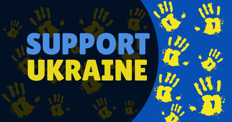 Image of support ukraine text over yellow hands