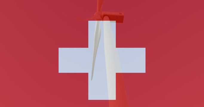 Image of flag of switzerland over wind turbine - Powered by Adobe
