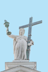 Cover page with Saint Maria with big cross and holy grail at the roof of Church of San Giorgio...