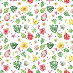 Summer, watercolor pattern with tropical leaves, fruits, flowers and seashells. Seamless, watercolor background with hand drawn beach, tropical elements.