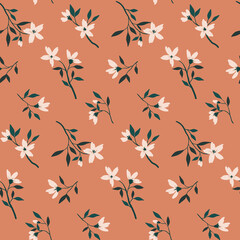 Seamless pattern, gentle floral background with small hand drawn flowers branches on a pink surface. Botanical print with blooming twigs in free composition. Vector illustration.