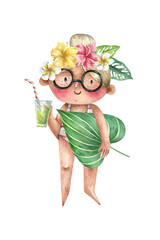 Girl in a bathing suit and a tropical flower wreath with a cocktail. Cute, summer character watercolor illustration in cartoon style isolated on white background. Beach party baby.