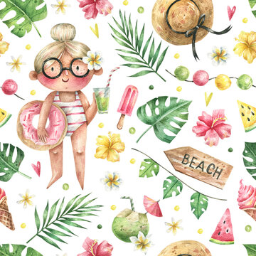 Watercolor tropical pattern with cute baby girl in swimsuit, palm leaves and monstera, ice cream and coconuts in cartoon style. Seamless beach background with hand drawn watercolor illustrations.