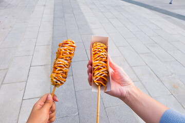 Korean Corn dog at street food, Korean Style Hot dog South Korea.
