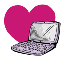 Laptop computer with heart for remote work at home office or romantic dating platform. Line art retro vintage hand drawn isolated colourful illustration. Cartoon style drawing.