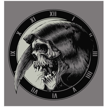 Grim Reaper Death with Scythe Monochrome Engraving Tattoo: Royalty Free  #244948474