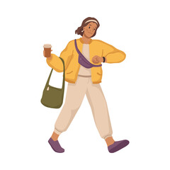 Teenage girl carrying coffee cup in hand and bag on shoulder. Being late and in a rush, students or workers hurrying for job or studies. Flat cartoon character, vector illustration