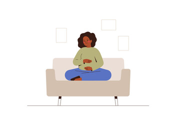 African American pregnant woman practices breathing technique at home. Black female waiting a child and meditates on the couch. Physical therapy during pregnancy. Vector illustration