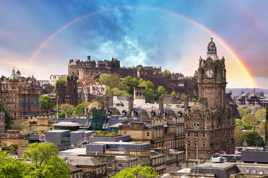 Rainbow over Edinburgh castle, view from Calton hill, Scotland