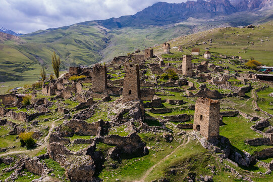 Ancient ruined medieval tower complex Tsimiti in North Ossetia, Aerial view