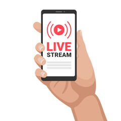 Smartphone in hand with an invitation to an online stream. Live on the phone.