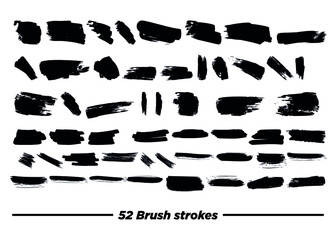 52 Brush strokes, 52 black ink lines, vector abstract set with paint brush grunge texture on white background.