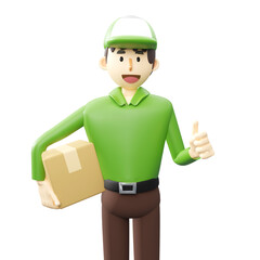 Good Delivery service concept.delivery man holding a box and making thumbs up.3d rendering cartoon illustration.