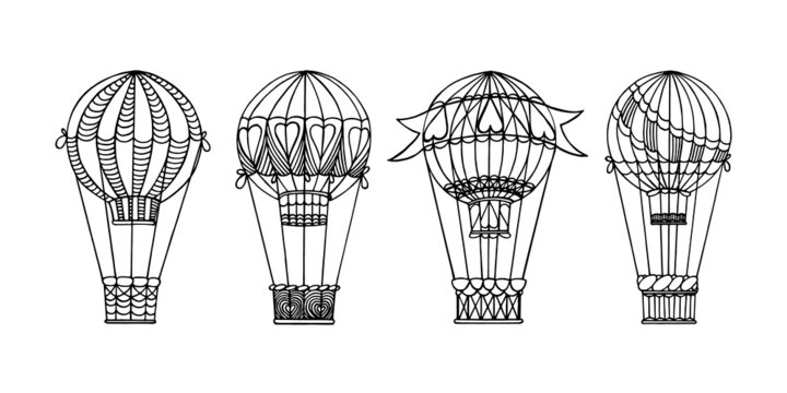 Hot air balloons flying hand drawn illustration 