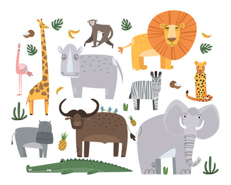 African animals set isolated on white background. Elephant, buffalo giraffe and other wild animals. Flat vector illustration. Eps10
