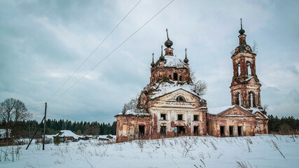 destroyed Orthodox church in winter