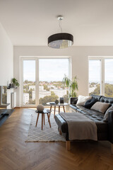 Spacious living room with big windows