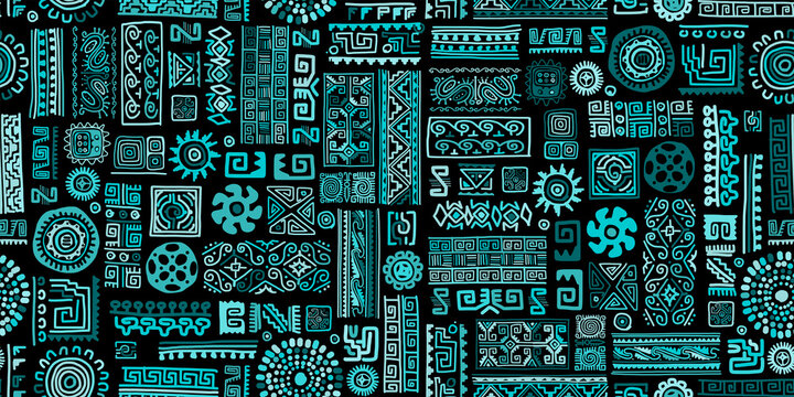 Ethnic Handmade Turquoise Ornament, Seamless Pattern