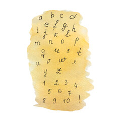 Alphabet watercolor, letters and numbers on a watercolor background, art.