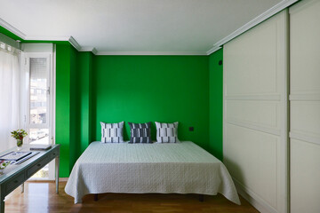 Bedroom in a room with a double bed with cushions, a green wall, a built-in wardrobe with sliding doors and a table with vintage drawers