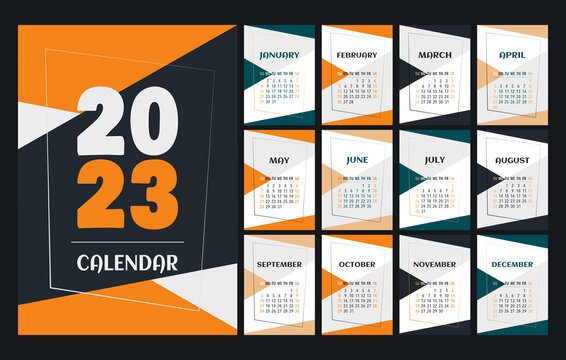Calendar 2023 template, orange, green, peach, white and black desk calendar design. Week start On Sunday, planner, stationery, wall calendar. Vector illustration
